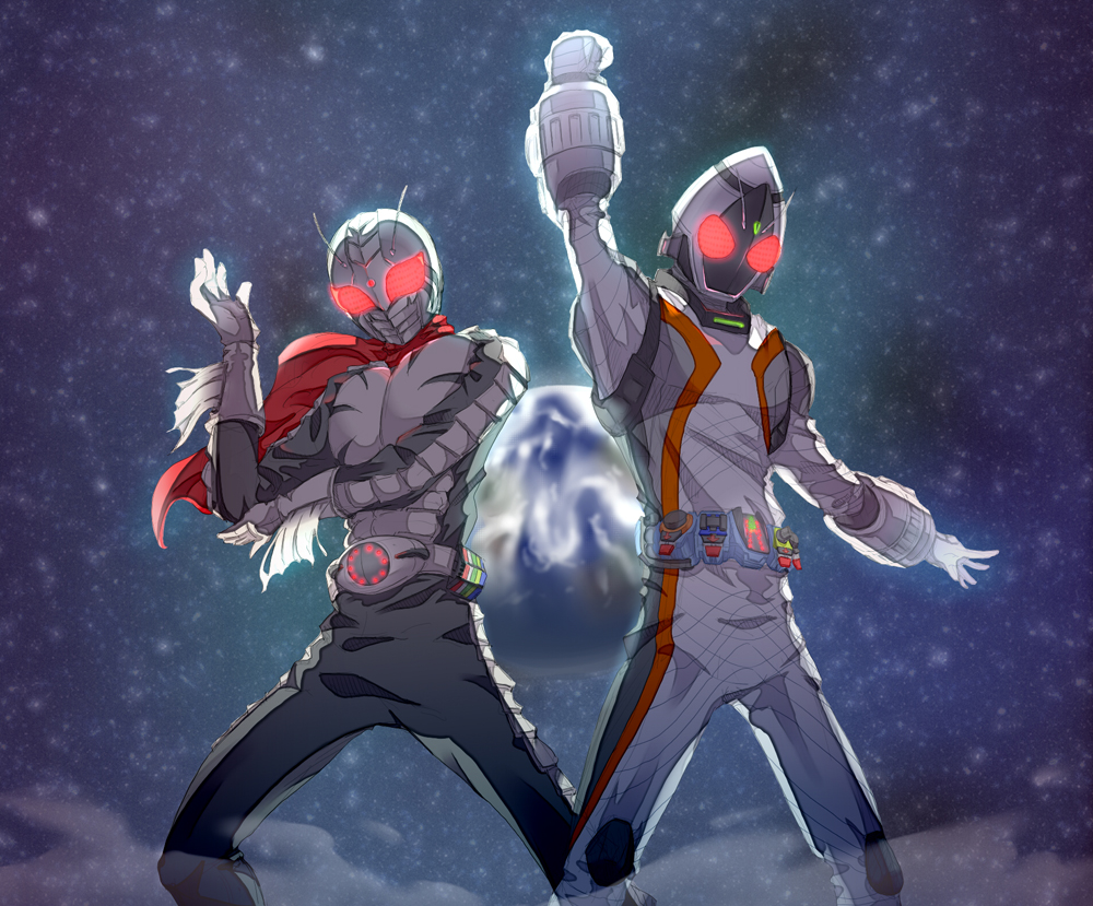 2boys belt earth echoes7 gloves glowing glowing_eyes kamen_rider kamen_rider_fourze kamen_rider_fourze_(series) kamen_rider_super-1 kamen_rider_super-1_(series) male multiple_boys pose space