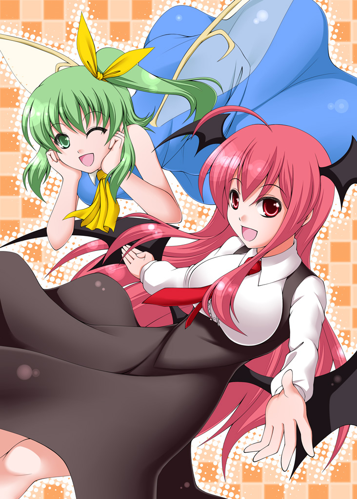 :d ;d adapted_costume ahoge bat_wings black_dress blue_dress breasts checkered checkered_background chin_rest daiyousei dress dress_shirt fairy_wings genjuu_rou green_eyes green_hair halftone hands_on_own_cheeks hands_on_own_face head_wings koakuma large_breasts long_hair low_wings multiple_girls necktie open_mouth outstretched_arm red_eyes red_hair redhead shirt side_ponytail sleeveless smile the_embodiment_of_scarlet_devil touhou very_long_hair wings wink
