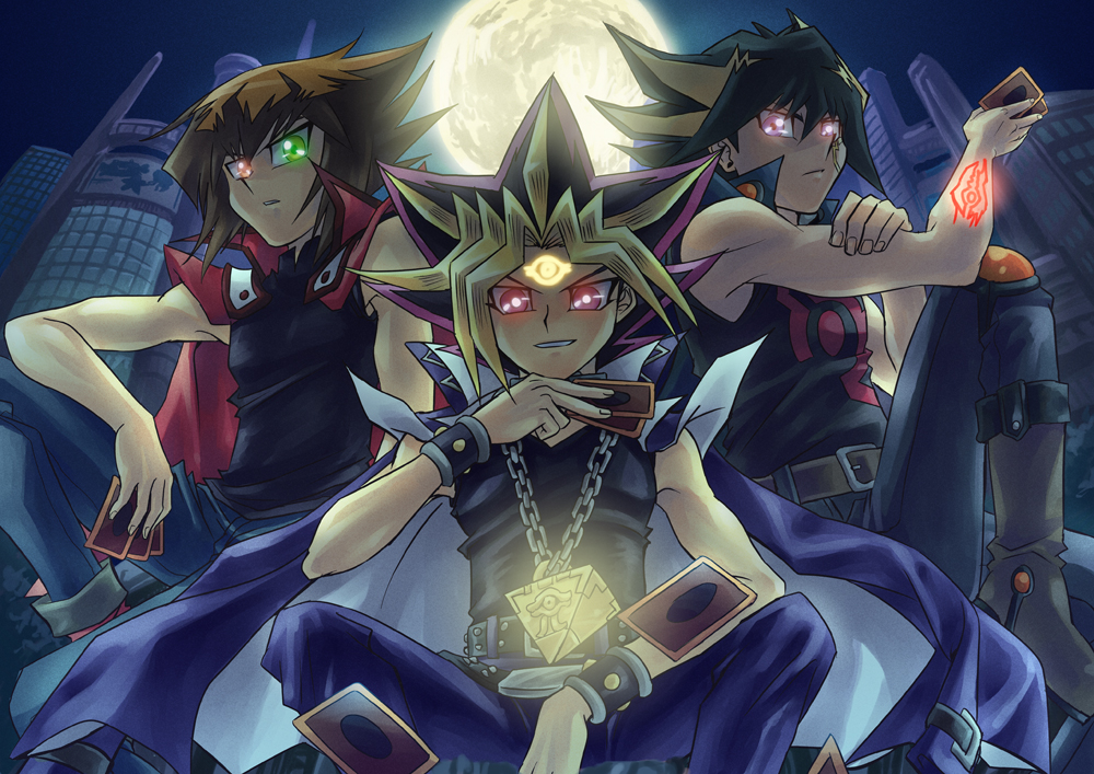 &gt;:) brown_hair card crossover facial_mark forehead_mark fudou_yuusei full_moon glow glowing glowing_eyes heterochromia holding holding_card jewelry male millennium_puzzle moon multicolored_hair multiple_boys necklace night raku_(howdy) slifer_red_uniform yami_yuugi yu-gi-oh! yuu-gi-ou yuu-gi-ou_5d's yuu-gi-ou_5d's yuu-gi-ou_duel_monsters yuu-gi-ou_gx yuuki_juudai