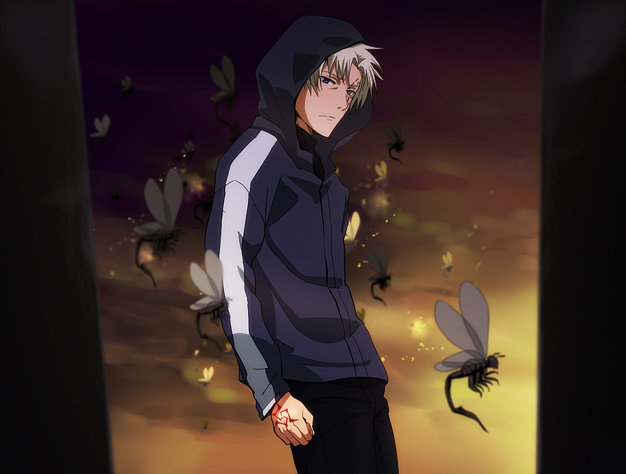 anime_coloring blue_eyes command_spell crest_worm fate/zero fate_(series) hariyama_(toubou_tengoku) hoodie insect male matou_kariya solo white_hair