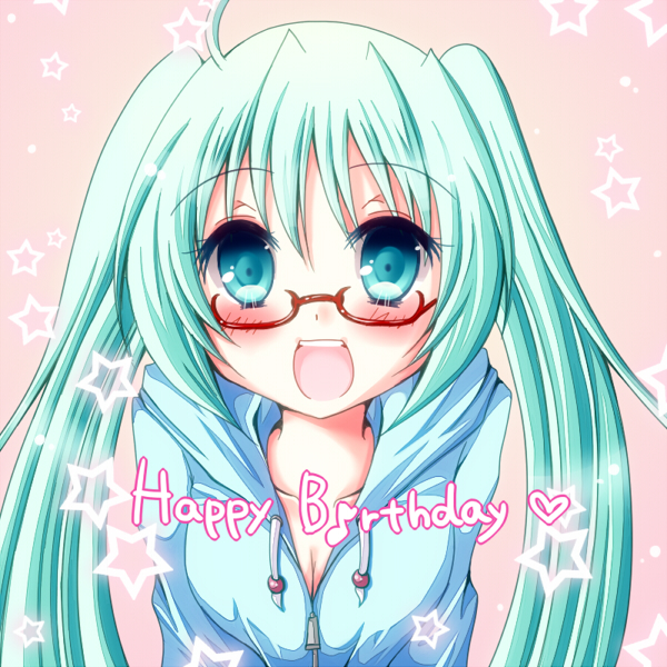 arms_behind_back blush breasts cleavage copyright_request glasses green_hair happy_birthday long_hair meiya_neon open_mouth solo star