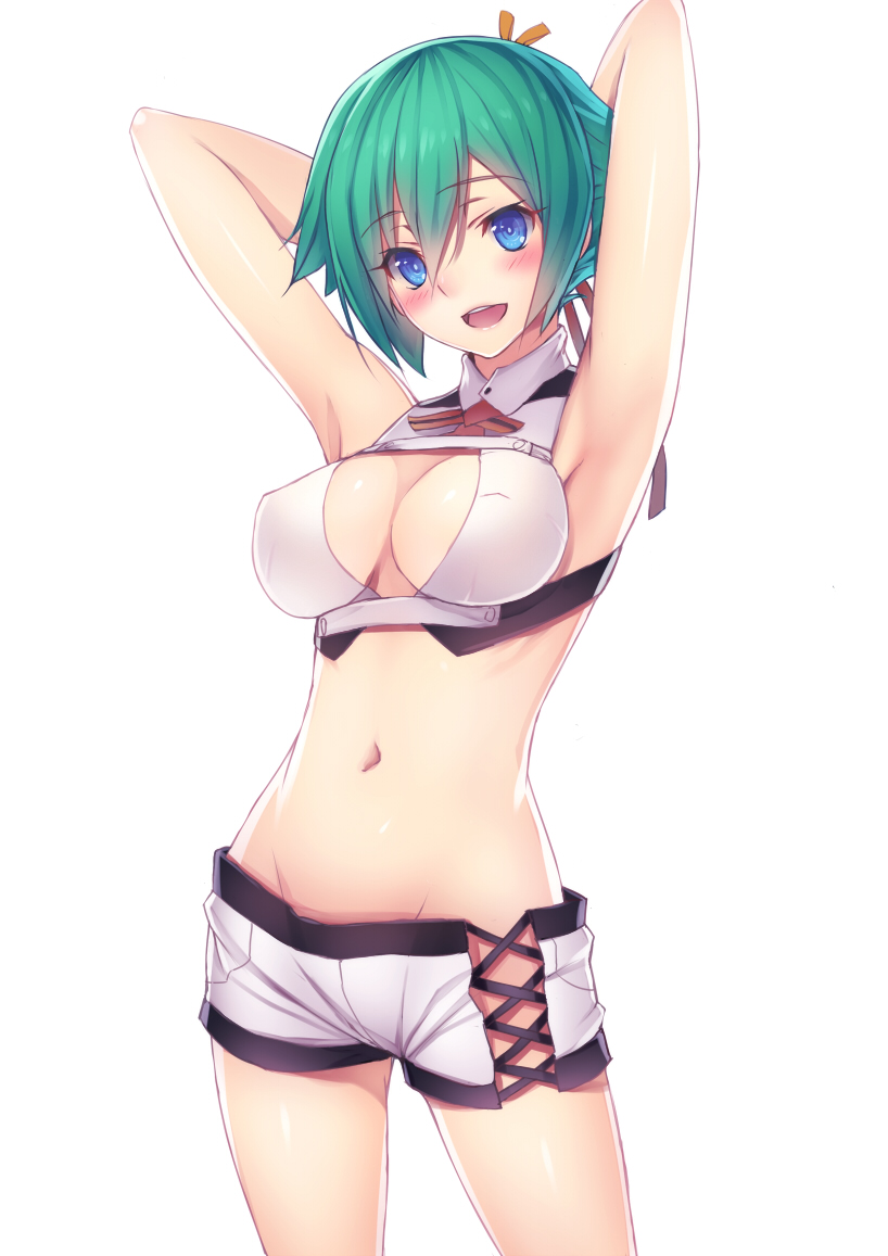 aquarion_(series) aquarion_evol armpits arms_up blue_eyes blush breasts cleavage cleavage_cutout green_hair midriff mound_of_venus navel open_mouth short_hair short_shorts shorts solo steelleets zessica_wong