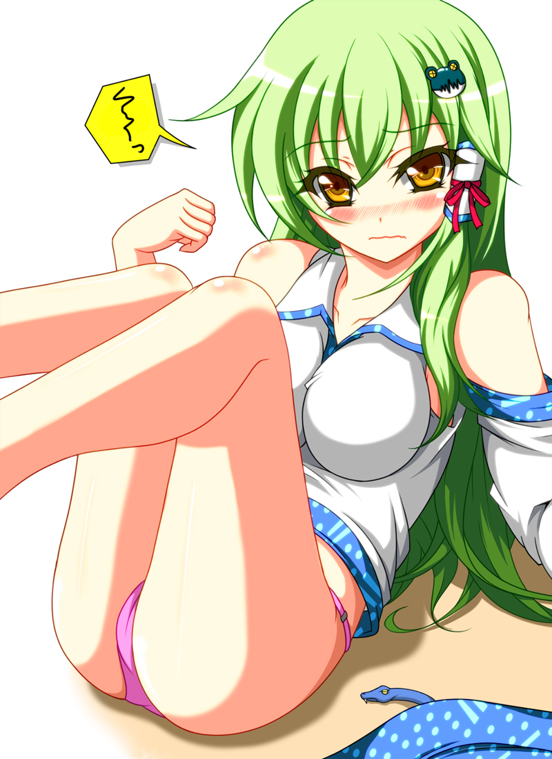 amber_eyes bad_id bare_legs bare_shoulders blush body_blush breasts embarrassed green_hair hair_ornament hair_tubes impossible_clothes impossible_clothing impossible_shirt kochiya_sanae looking_at_viewer no_pants orange_eyes panties pink_panties sayossa_(pak-front) simple_background solo touhou underwear wavy_mouth white_background yellow_eyes