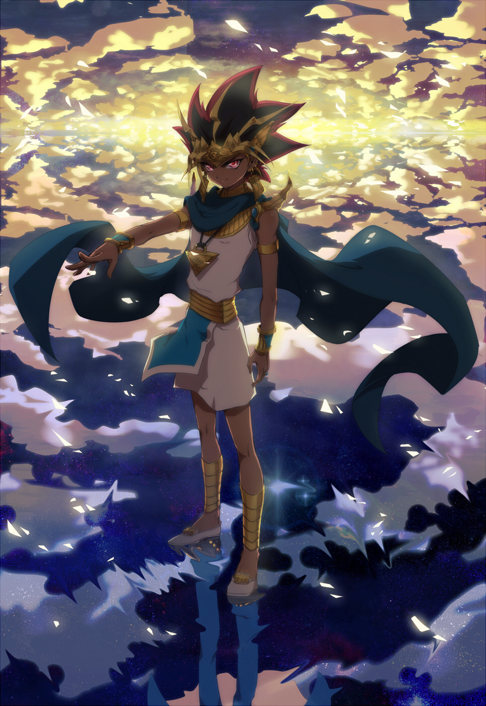 armband atem cape cloud dark_skin different_reflection earrings highres jewelry liusang male millennium_puzzle multicolored_hair pendant red_eyes reflection solo yu-gi-oh! yuu-gi-ou yuu-gi-ou_duel_monsters