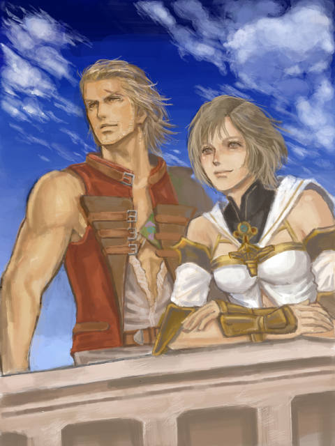 1girl arisue_kanako ashelia_b'nargin_dalmasca ashelia_b'nargin_dalmasca bare_shoulders basch_fon_ronsenburg blonde_hair breasts brown_eyes brown_hair final_fantasy final_fantasy_xii looking_away muscle scar short_hair smile vest