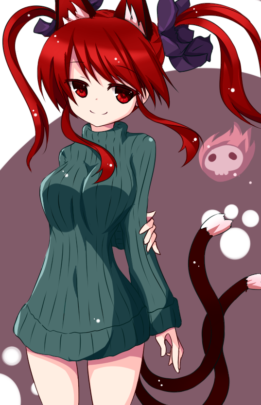 animal_ears bad_id bottomless cat_ears cat_tail kaenbyou_rin kuromari_(runia) multiple_tails naked_sweater no_pants red_eyes red_hair redhead smile solo sweater tail touhou
