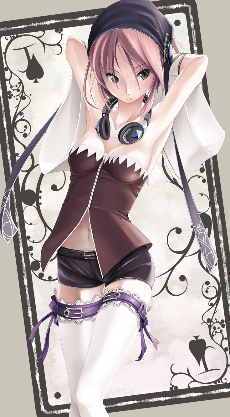 armpits arms_up belt buckle card character_request detached_sleeves green_eyes grey_background head_scarf headphones highres master_of_epic mogmog navel pink_hair ribbon short_hair short_shorts shorts solo thigh-highs thighhighs white_legwear wide_sleeves zettai_ryouiki