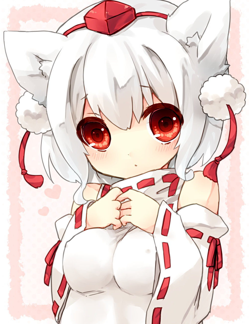 animal_ears blush breasts detached_sleeves erect_nipples hat highres impossible_clothes impossible_shirt inubashiri_momiji pom_pom_(clothes) pom_pom_(clothing) red_eyes sad_fuka solo tokin_hat touhou white_hair wolf_ears
