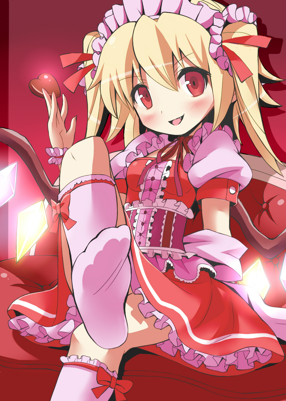 alternate_costume alternate_hairstyle blonde_hair blush chair chocolate chocolate_heart corset crossed_legs dress embellished_costume enmaided fang feet flandre_scarlet footwear gibuchoko hair_ribbon hairband heart highres leg_up maid maid_headdress no_shoes open_mouth outstretched_leg red_dress red_eyes revision ribbon sitting smile socks solo the_embodiment_of_scarlet_devil touhou twintails valentine white_legwear wings wrist_cuffs wrist_ribbon