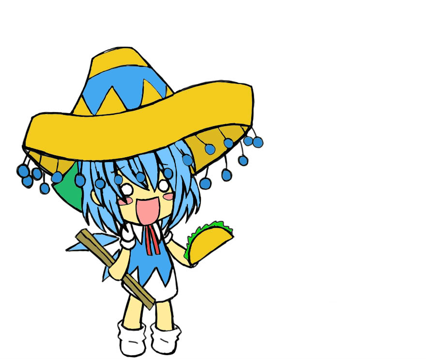 1girl :d ? blue_hair blush_stickers chibi cirno eyes fairy flat_color hat idiot mexican mexico moron o_o open_mouth short_hair simple_background smile solo sombrero spanish stick strongest taco team_shanghai_alice touhou white_background wings zun