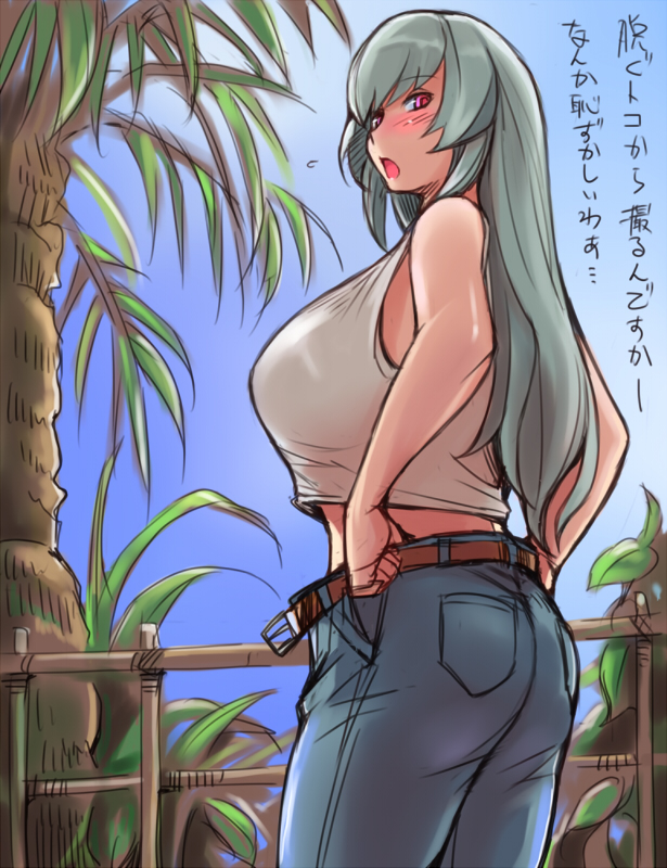 adult ass belt blush breasts fence huge_breasts long_hair looking_back midriff open_mouth palm_tree red_eyes rozen_maiden rozenweapon silver_hair solo suigintou tank_top translation_request tree undressing