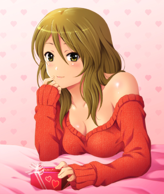 1girl blush breasts brown_hair bust cleavage extra gift heart k-on! long_hair looking_at_viewer off_shoulder shian_(my_lonly_life.) smile solo sweater tachibana_himeko yellow_eyes