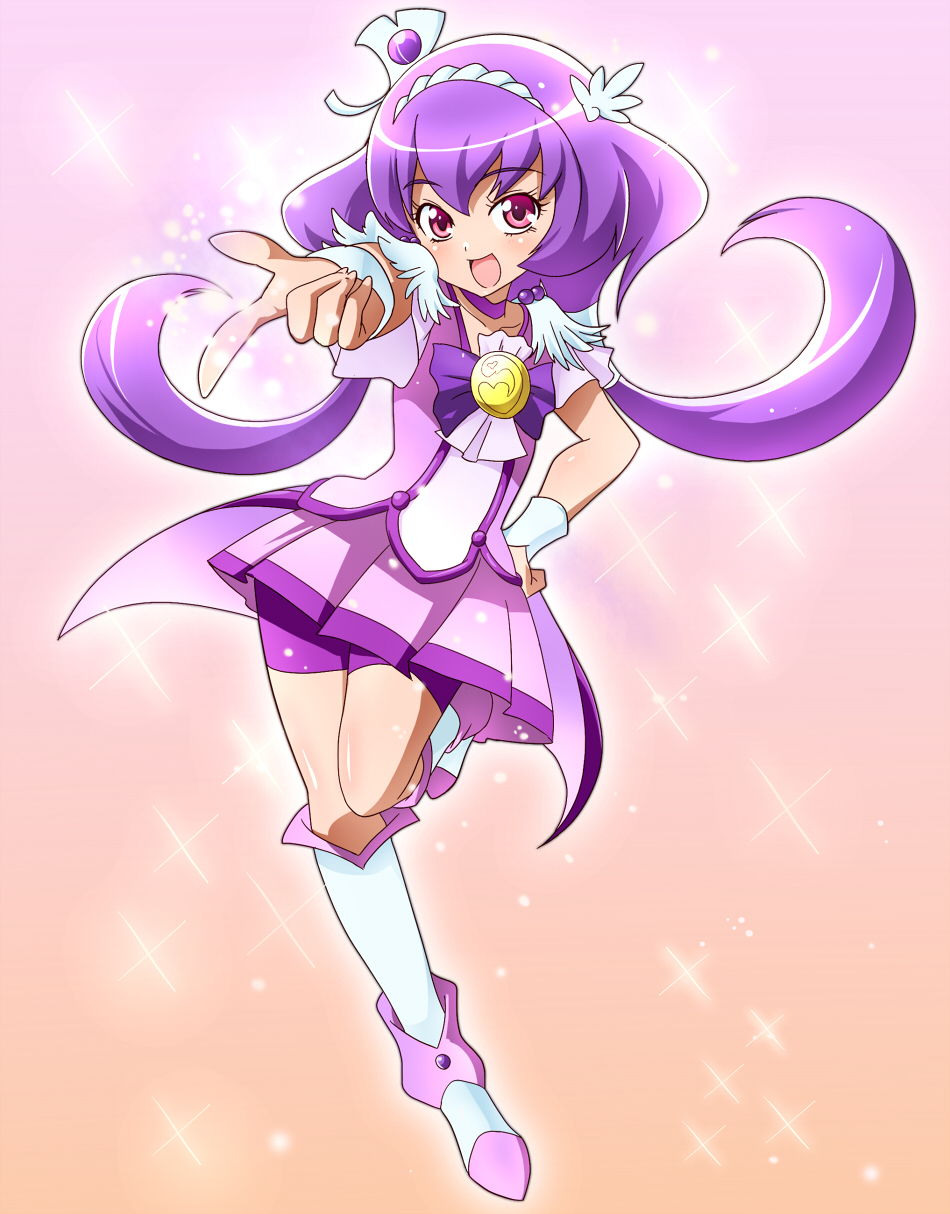 1girl :d bike_shorts boots choker crossover dress hand_on_hip happy highres hips km_(artist) long_hair open_mouth parody pink_eyes pointing precure purple purple_background purple_bike_shorts purple_dress purple_hair shorts_under_skirt smile smile_precure! solo standing_on_one_leg tiara touhou twintails wrist_cuffs yasaka_kanako