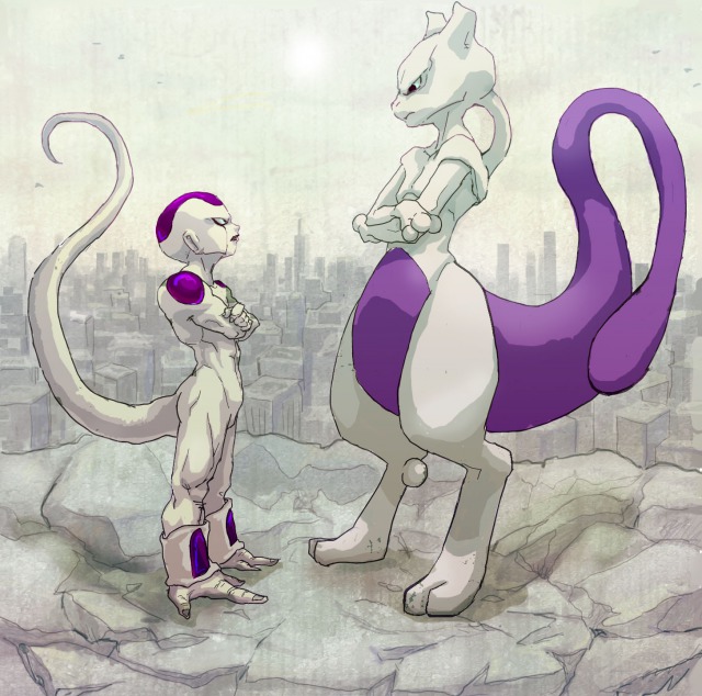 alien crossed_arms crossover dragon_ball dragon_ball_z dragonball_z epic frieza hinokore landscape look-alike male mewtwo monster multiple_boys no_humans pokemon purple size_difference spot_color standing stare_down tail