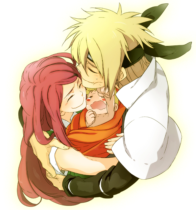 2boys age_difference baby blonde_hair blush_stickers closed_eyes eyes_closed family father_and_son forehead_protector group_hug hug husband_and_wife long_hair maco_latte mother_and_son multiple_boys namikaze_minato naruto punching red_hair redhead short_hair smile uzumaki_kushina uzumaki_naruto young