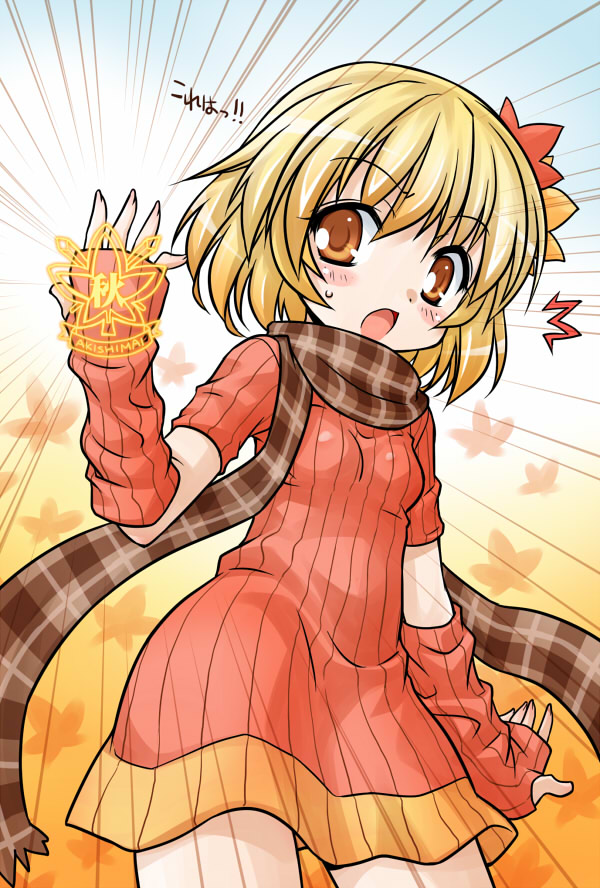 1girl aki_shizuha akou_roushi alternate_costume arm_up arm_warmers blonde_hair blush detached_sleeves emphasis_lines g_gundam gundam hair_ornament leaf leaf_on_head open_mouth parody plaid plaid_scarf ribbed_sweater scarf shining_finger short_hair solo sweater sweater_dress touhou translated translation_request yellow_eyes