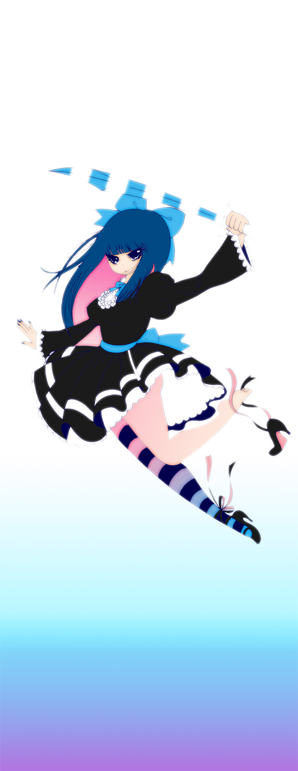 barefoot black_dress bow dress gradient hair_bow high_heels highres jumping panty_&amp;_stocking_with_garterbelt petticoat shoes single_shoe single_thighhigh solo stocking_(psg) striped striped_legwear sword thigh-highs thighhighs umba weapon