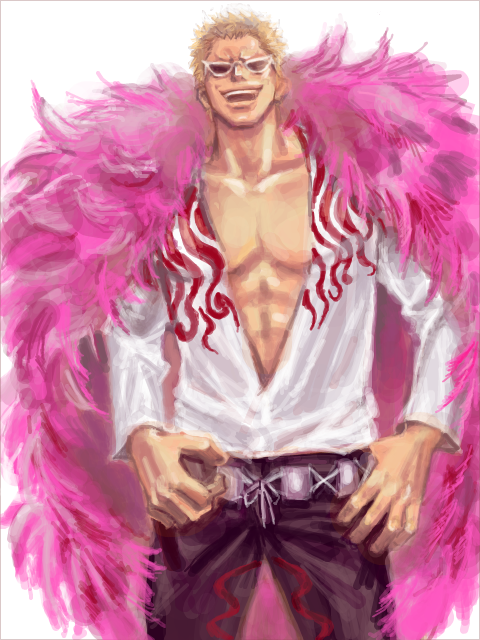 arisue_kanako blonde_hair donquixote_doflamingo feather_boa hands_on_hips male muscle one_piece pants short_hair smile solo standing sunglasses