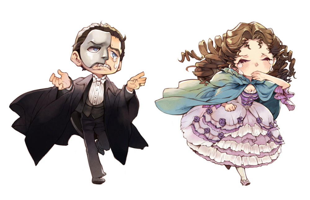 1boy 1girl blue_eyes breasts brown_hair cape chasing chibi christine_dae&eacute; cleavage cloak colored_eyelashes comet_(teamon) crying dress drill_hair erik_(phantom_of_the_opera) eyes_closed high_heels long_hair mask phantom_of_the_opera purple_dress running short_hair suit tears white_background