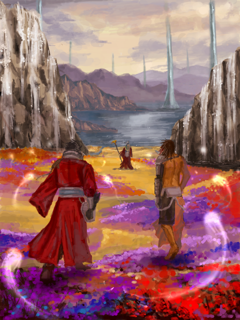 arisue_kanako auron black_hair braska field final_fantasy final_fantasy_x flowers jecht long_hair magic male multiple_boys muscle ocean pyreflies robe seymour_guado shirtless staff topless walking water white_hair