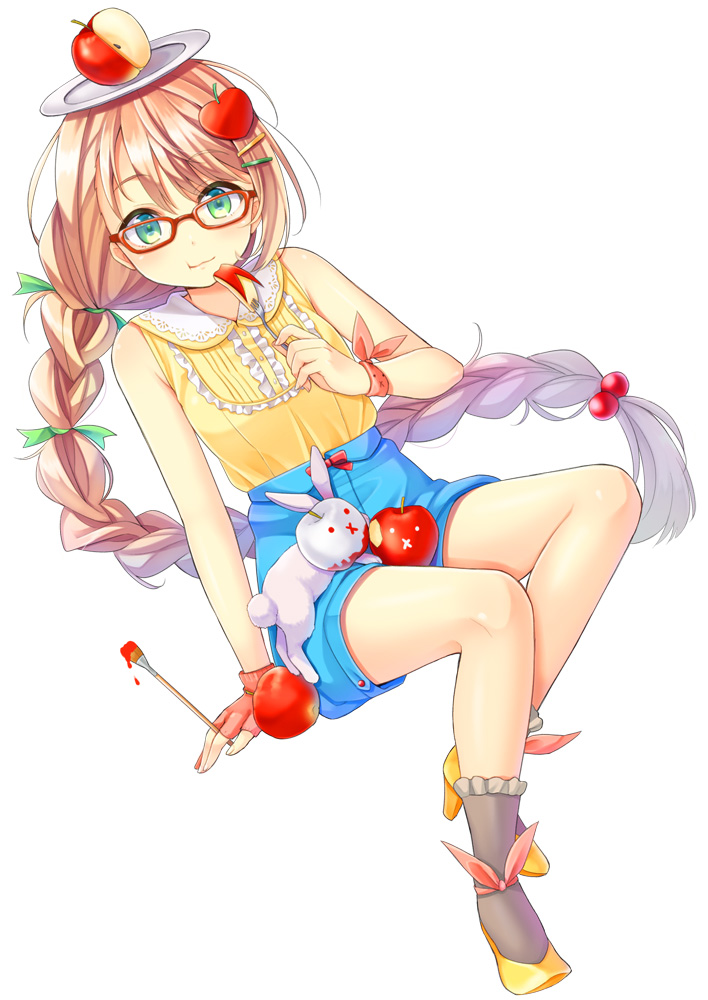 1girl :3 :t :x ankle_ribbon apple apple_bunny apple_slice arm_support asymmetrical_bangs bangs bitten_apple blonde_hair blouse blush braid chewing collar eating fingerless_gloves food food_themed_clothes fork fruit glasses gloves green_eyes hair_bobbles hair_ornament hair_ribbon hairclip high_heels holding k.y_ko long_hair looking_at_viewer object_on_head original paintbrush plate rabbit red-framed_glasses ribbon shoes shorts simple_background sitting sleeveless sleeveless_shirt smile solo stuffed_animal stuffed_toy very_long_hair white_background