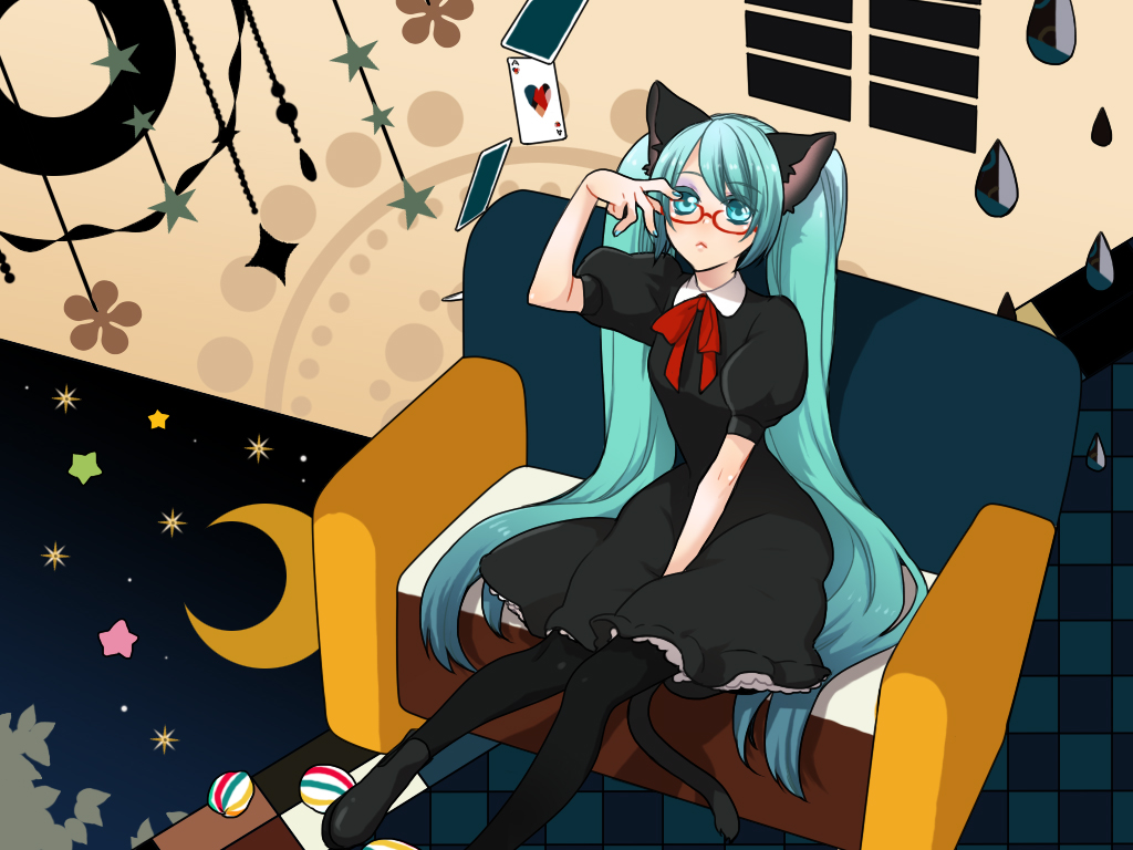 :&lt; animal_ears aqua_eyes aqua_hair bespectacled bite bitte black-cat_girl_(vocaloid) cat_ears cat_tail catgirl couch dress glasses hatsune_miku long_hair moon pantyhose sitting solo stars tail twintails very_long_hair vocaloid