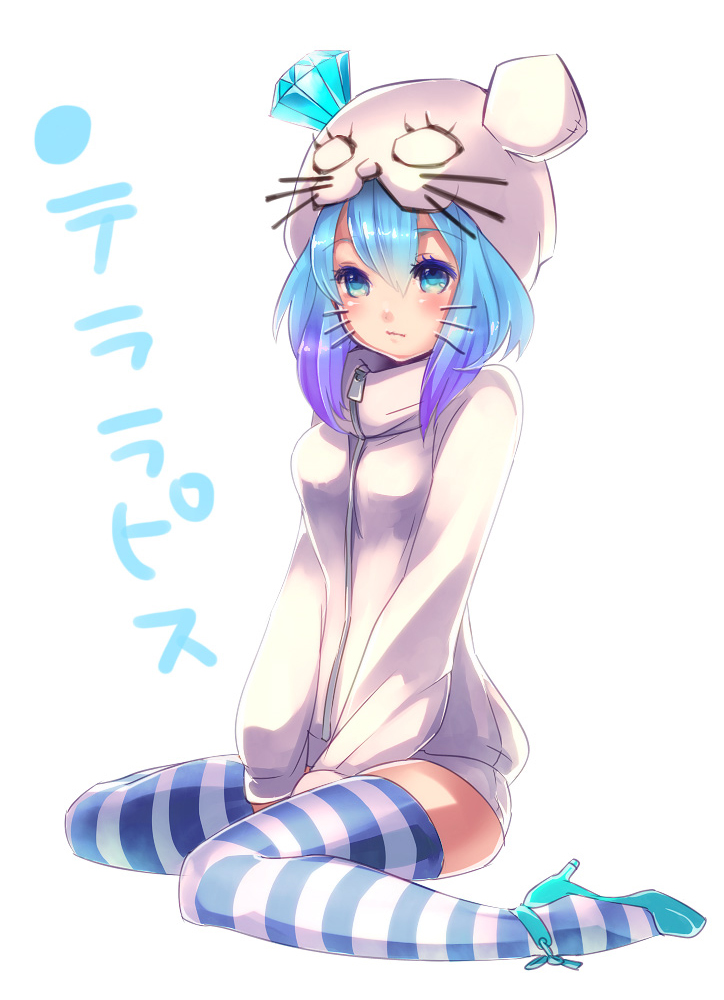 animal_hat aoki_lapis blue_eyes blue_hair diamond gradient_hair hat ikushima multicolored_hair shoes short_hair simple_background solo source_request striped striped_legwear sweater thighhighs tourmaline translated twintails vocaloid