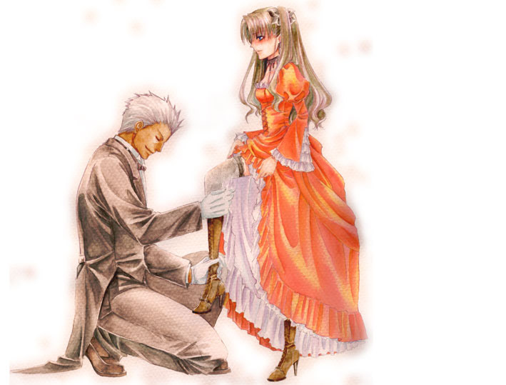 1girl archer artist_request blue_eyes boots brown_hair closed_eyes colored_pencil_(medium) dark_skin dress eyes_closed fate/stay_night fate_(series) formal frills gloves gown high_heels knee_boots kneeling long_hair orange_dress puffy_sleeves shoes suit thigh-highs thighhighs tohsaka_rin toosaka_rin traditional_media two_side_up victorian white_background white_gloves white_hair wide_sleeves