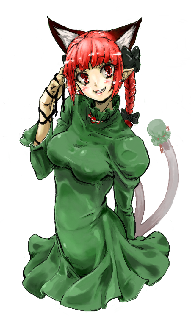 animal_ears braid cat_ears dress extra_ears green_dress grin impossible_clothes impossible_clothing kaenbyou_rin multiple_tails no_legs oekaki pointy_ears red_eyes red_hair redhead ribbon simple_background smile solo tail tks_(chikuwa) touhou twin_braids white_background