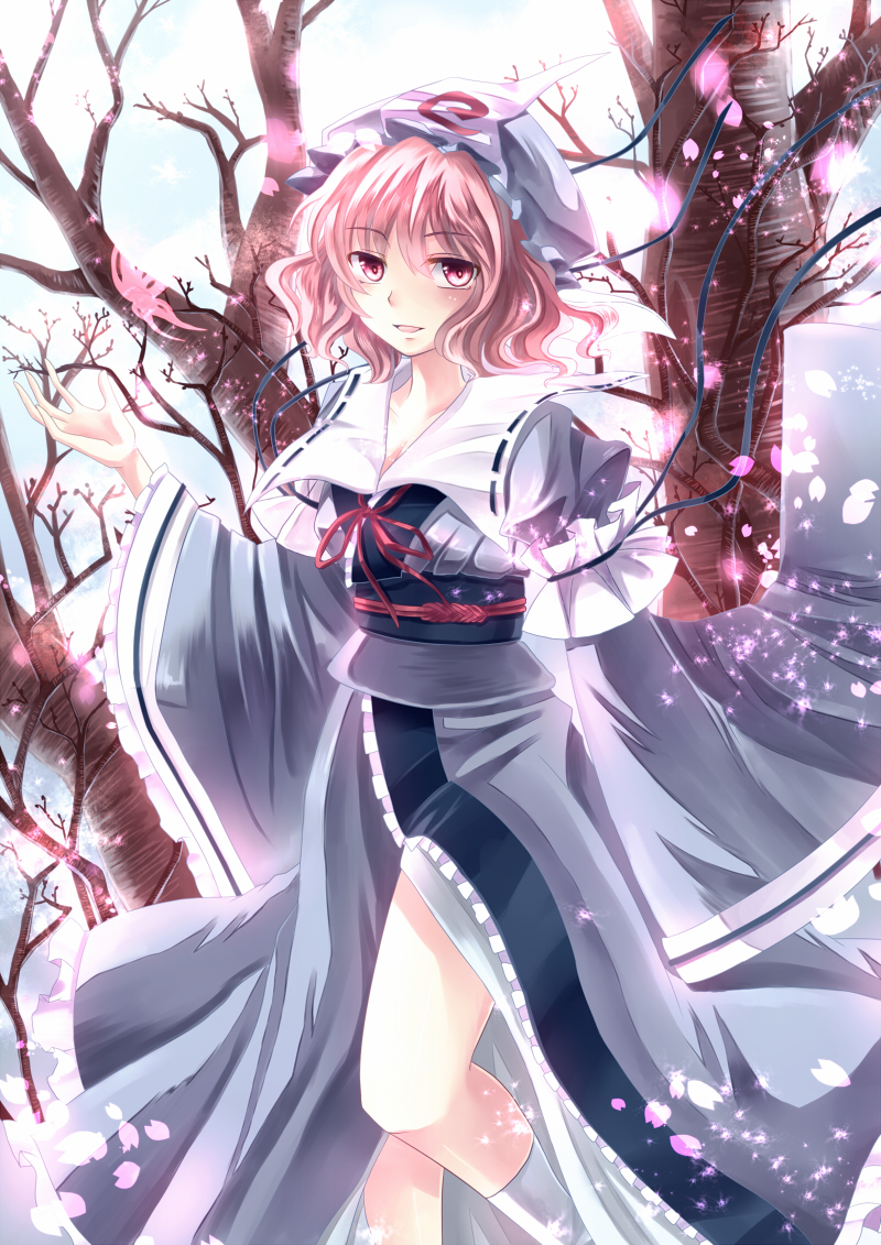 arm_up armband blue_sky butterfly cherry_blossoms cloud hands_in_sleeves hat japanese_clothes kimono kneehighs light_particles looking_at_viewer miyakure obi open_hand parted_lips petals pink_eyes pink_hair ribbon saigyouji_yuyuko short_hair sky solo touhou tree triangular_headpiece wide_sleeves