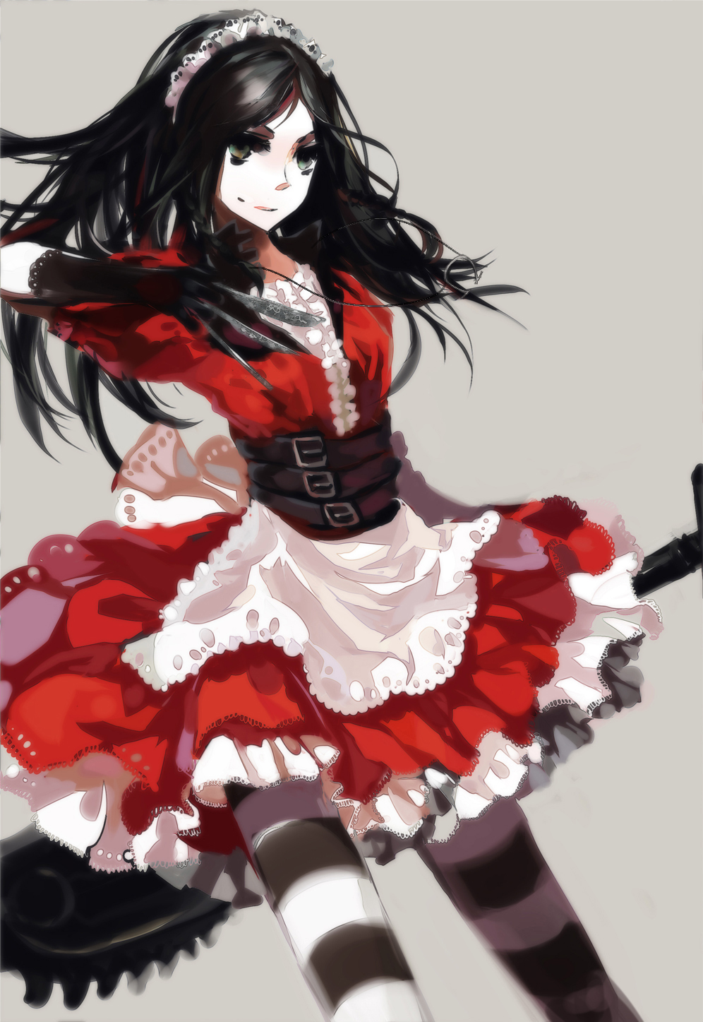 alice_(character) alice_(wonderland) alice_in_wonderland alice_madness_returns american_mcgee's_alice artist_request belt black_hair chainsaw dress gloves green_eyes h2so4kancel highres hobby_horse jewelry knife necklace source_request thighhighs