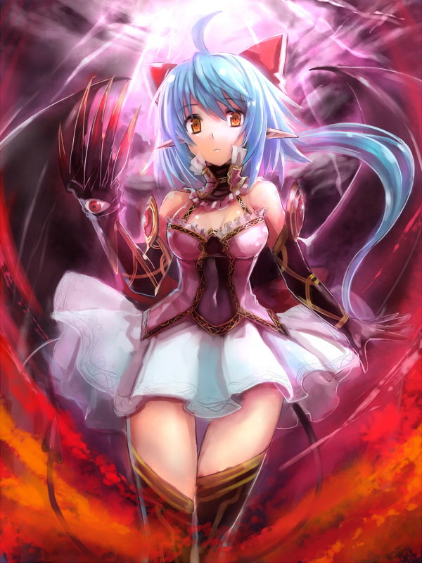 ahoge bare_shoulders blue_hair claws clothed_navel demon_tail edobox eyes food fruit long_hair orange original pointy_ears ringed_eyes skirt solo tail thigh-highs thighhighs yellow_eyes