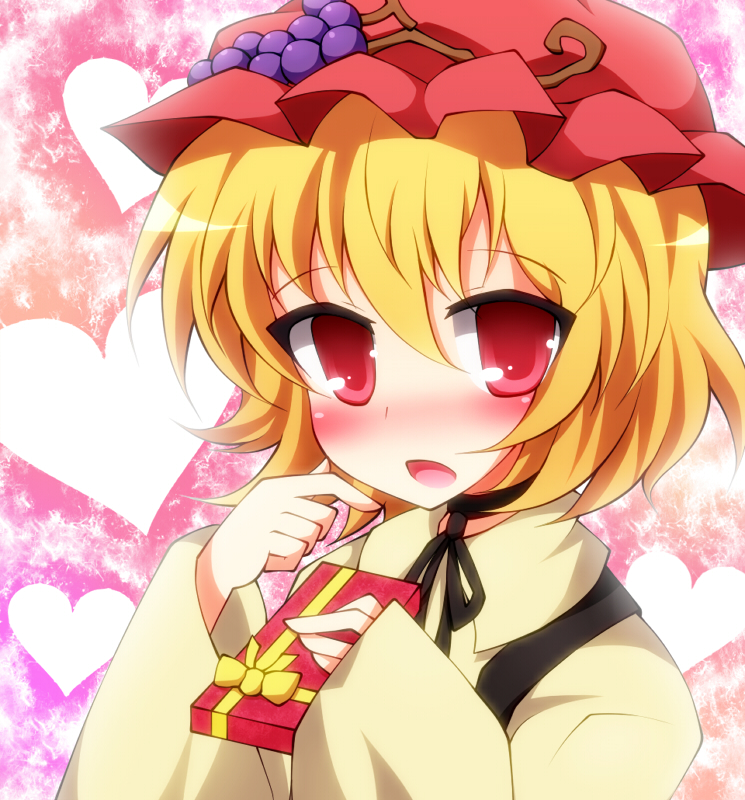 aki_minoriko arms_up blonde_hair blush box bust food fruit gift gift_box grapes hat heart open_mouth red_eyes shirt short_hair solo taku10 touhou valentine