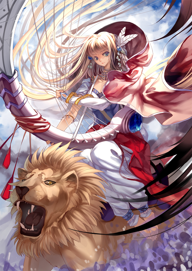 blonde_hair blue_eeys blue_eyes cloud copyright_request harp instrument lion long_hair midair miyazaki_byou teeth