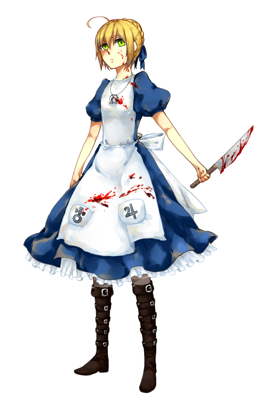 ahoge alice:_madness_returns alice_(wonderland) alice_in_wonderland american_mcgee's_alice apron blonde_hair blood boots crossover dress fate/stay_night fate_(series) green_eyes highres knife saber simple_background solo white_background xiogun