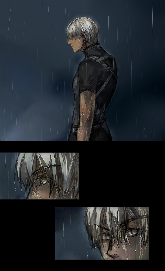 archer crimo dark_skin fate/stay_night fate_(series) grey_eyes hair_down male rain wet wet_hair white_hair