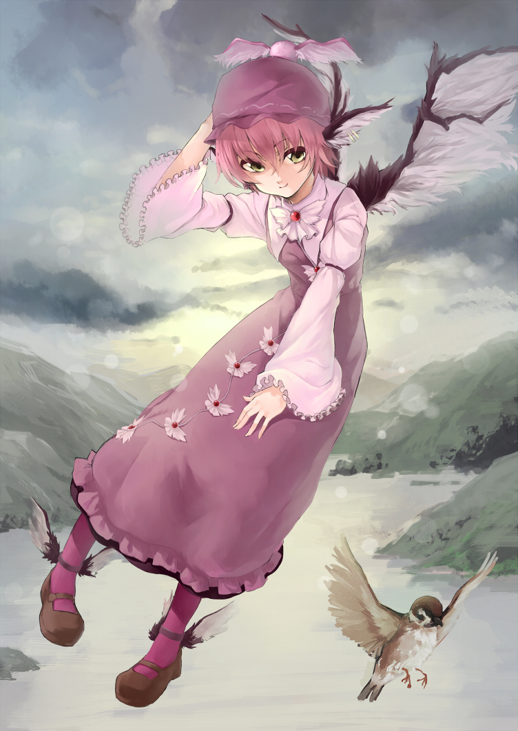 bird eurasian_tree_sparrow frilled_sleeves hat ko-g mystia_lorelei nature pantyhose pink_hair shoes short_hair sky solo sparrow touhou wide_sleeves winged_shoes wings