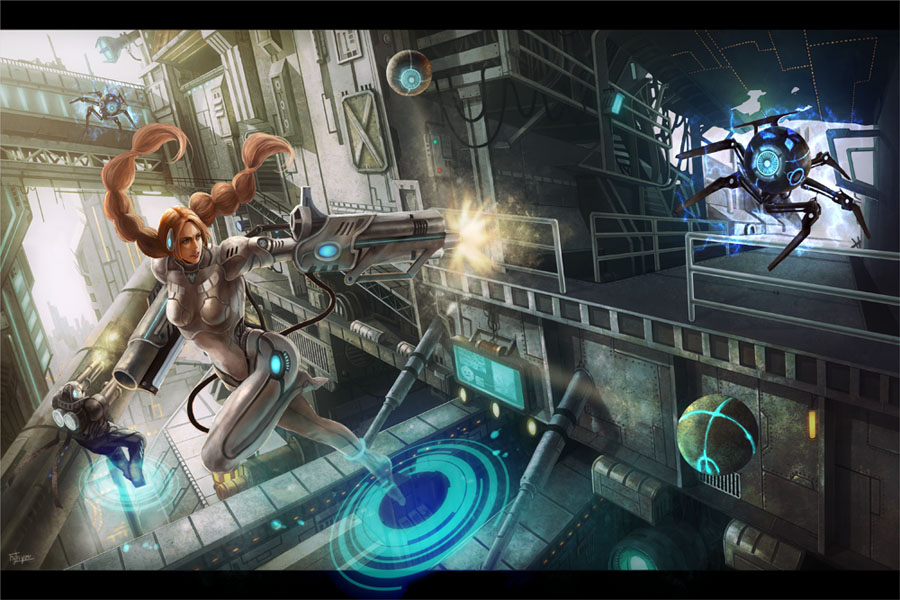 arm_cannon bodysuit braid brown_hair city cityscape dual_wielding firing fuji_q glowing letterboxed lights original robot scenery science_fiction signature twin_braids weapon