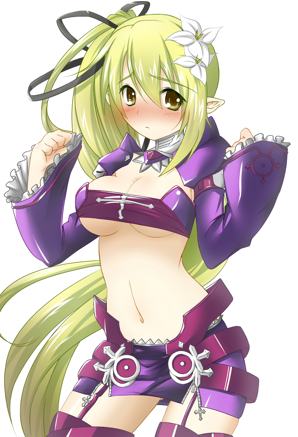 aisha_(elsword) aisha_(elsword)_(cosplay) bad_id bandeau blush breasts bursting_breasts cleavage cosplay elsword flower green_eyes green_hair hair_flower hair_ornament highres impossible_clothes impossible_shirt long_hair marimorn midriff navel ponytail rena_(elsword) shy skirt solo thigh-highs thighhighs under_boob underboob white_background