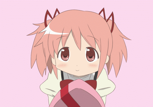 animated animated_gif blush bust gift hair_ribbon heart incoming_gift kaname_madoka lucky_star mahou_shoujo_madoka_magica parody pink_background pink_eyes pink_hair ribbon school_uniform short_twintails simple_background solo twintails valentine