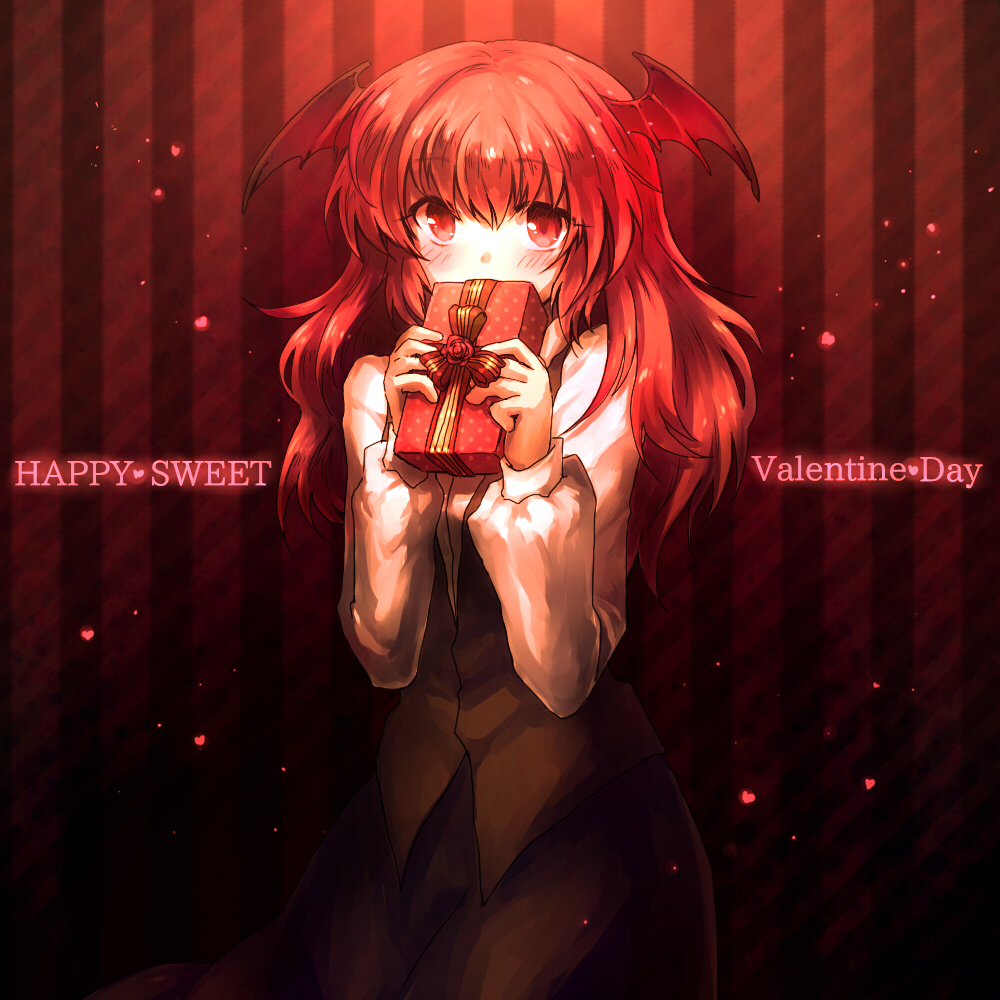 bat_wings blush bow box covering covering_face covering_mouth dress_shirt english gift gift_box happy_valentine head_wings heart koakuma long_hair long_sleeves necktie onimaru_gonpei red_eyes red_hair redhead ribbon shirt skirt skirt_set solo striped striped_background the_embodiment_of_scarlet_devil touhou valentine vest white_shirt wings