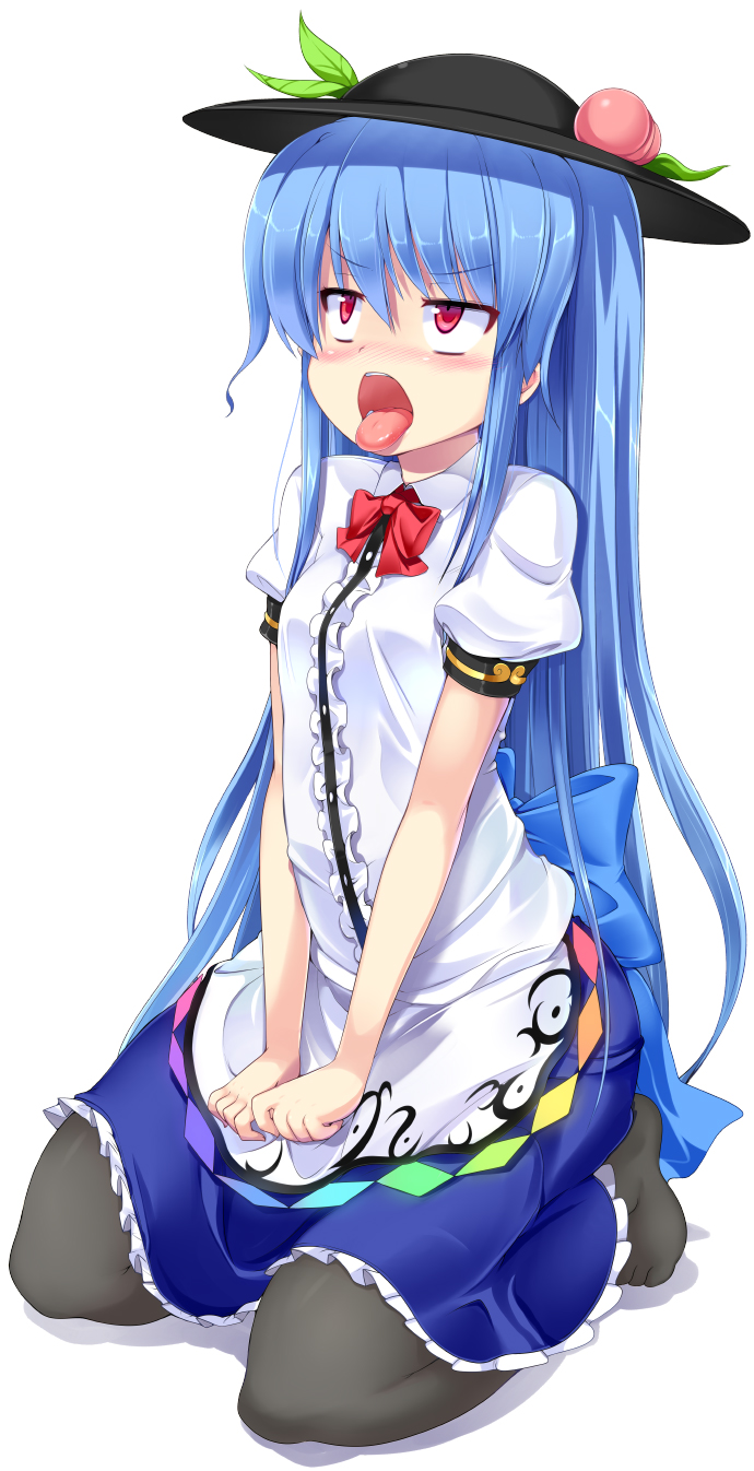 ahegao black_legwear blue_hair blush feet food fruit hat highres hinanawi_tenshi long_hair mamo no_shoes open_mouth pantyhose peach red_eyes simple_background solo tongue tongue_out touhou