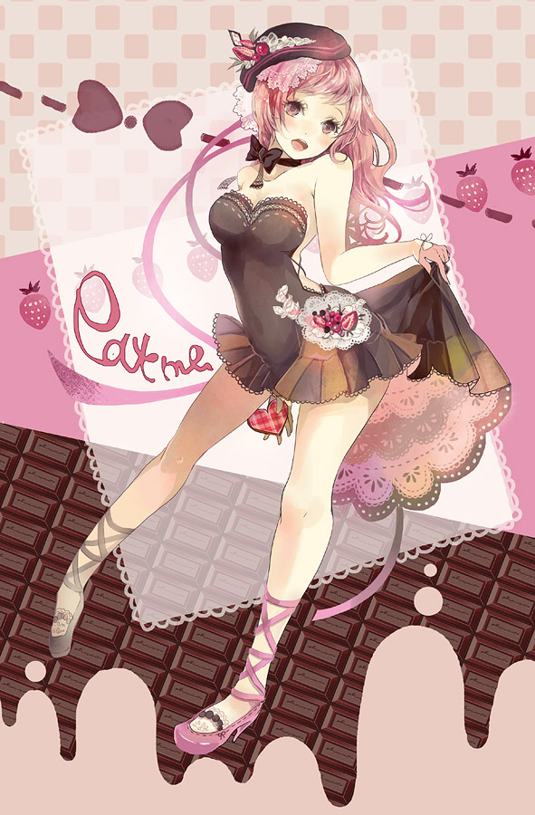 ankle_lace-up bare_shoulders bow bowtie breasts chocolate cross-laced_footwear dress dress_lift gift hat heart holding large_breasts legs long_hair looking_at_viewer open_mouth original pink_eyes pink_hair sandals sk skirt_hold solo