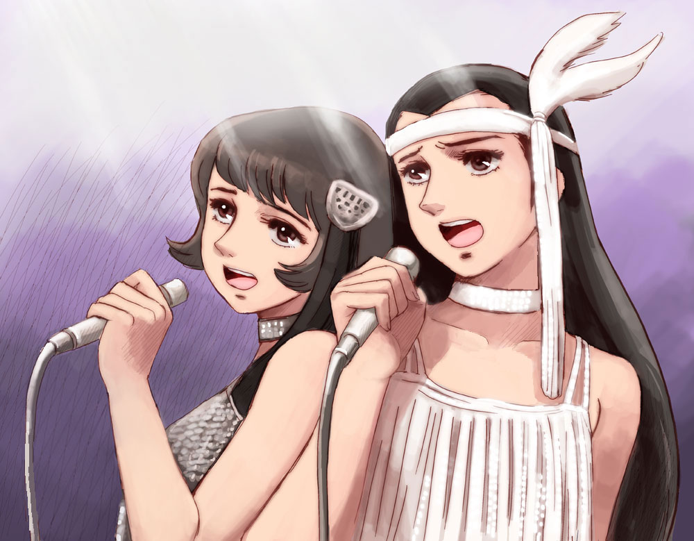 2girls 70s ashita_no_joe black_hair brown_eyes brown_hair choker flapper_girl hair_ornament hayashi_noriko lafolie long_hair microphone multiple_girls oldschool open_mouth shiraki_youko singing