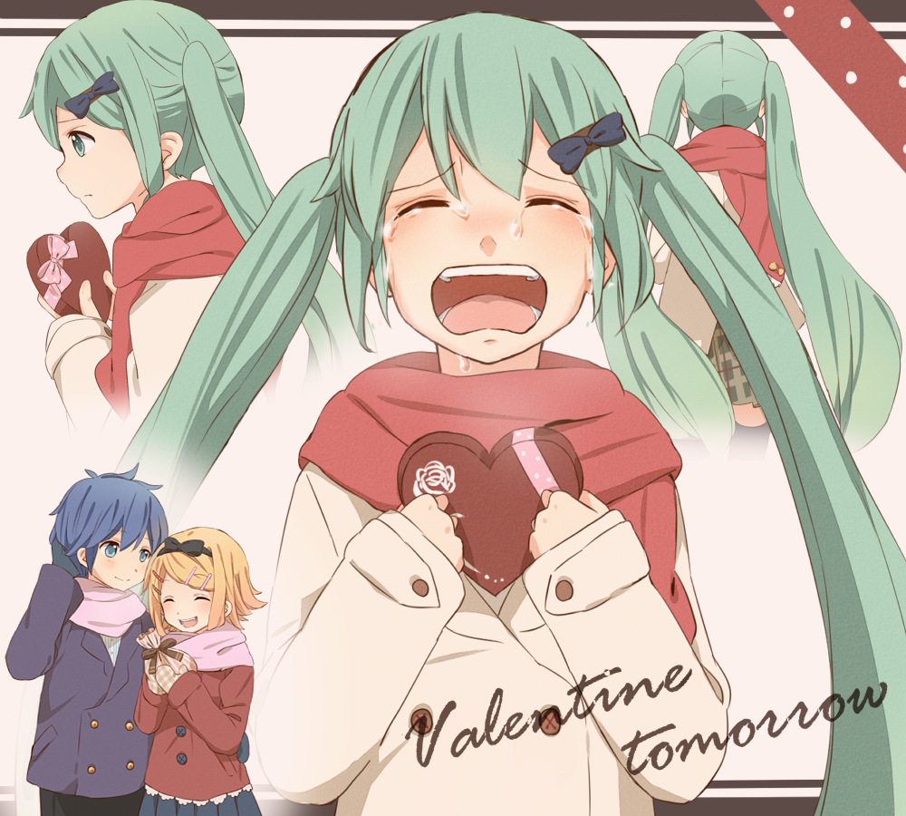 2girls aqua_eyes blonde_hair blue_hair closed_eyes coat couple eyes_closed gift green_eyes green_hair hair_ornament hairclip hatsune_miku kagamine_rin kaito kana_(okitasougo222) long_hair love_triangle multiple_girls open_mouth scarf tears twintails valentine very_long_hair vocaloid