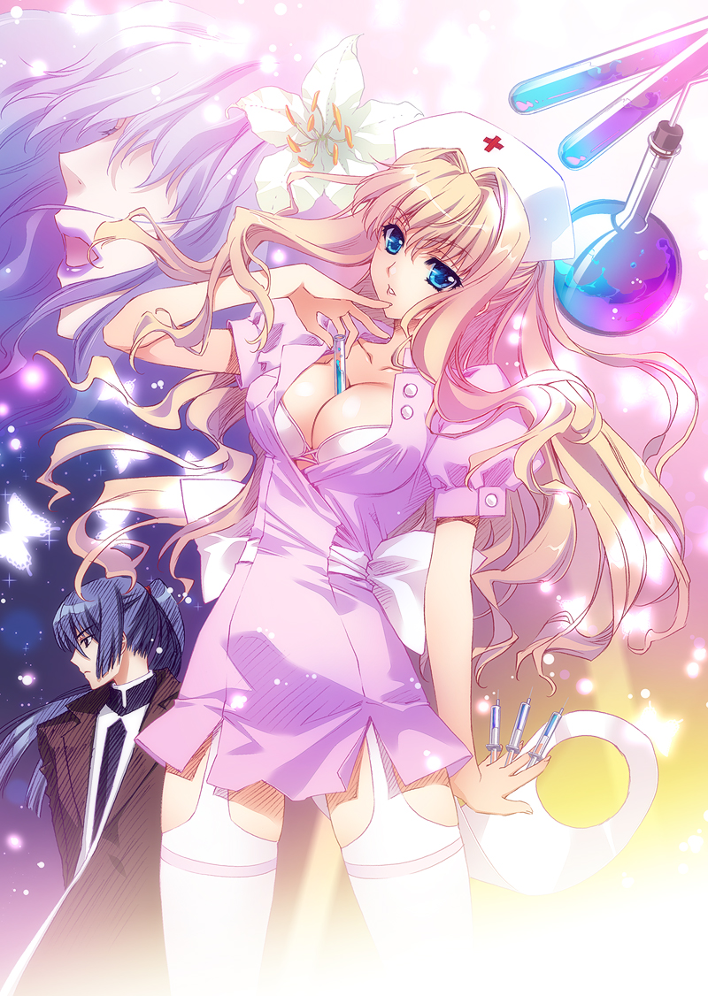 between_breasts blonde_hair blue_eyes blue_hair bra breasts carnelian cleavage dual_persona flask flower garter_straps hat large_breasts legs lingerie lips lipstick long_hair macross macross_frontier makeup needle nurse nurse_cap open_clothes open_shirt ponytail saotome_alto sheryl_nome solo syringe test_tube thigh-highs thighhighs thighs underwear vial white_legwear