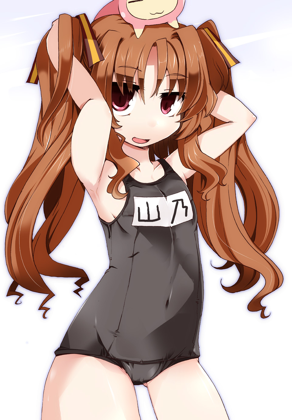 :3 ano_natsu_de_matteru armpits arms_up black_school_swimsuit brown_hair chibi_on_head flat_chest hair_ribbon hands_in_hair highres long_hair open_mouth purple_eyes ribbon rinon_(ano_natsu_de_matteru) school_swimsuit shirogane shirogane_(platinum) smile swimsuit twintails violet_eyes yamano_remon