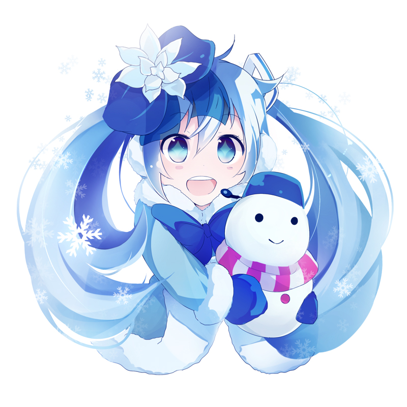 1girl blue_eyes blue_hair blush_stickers bow coat earmuffs flower fur_trim hair_flower hair_ornament hatsune_miku headset holding long_hair mittens open_mouth smile snowflakes snowman solo symbol-shaped_pupils taicho128 twintails vocaloid winter_clothes yuki_miku