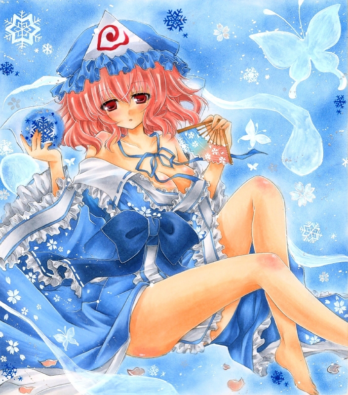 :o bare_legs bare_shoulders barefoot blue_background bow breasts butterfly cherry_blossoms cleavage collarbone fan hat hitodama japanese_clothes kimono long_sleeves looking_at_viewer orb pastel_(medium) pink_hair rano red_eyes ribbon saigyouji_yuyuko short_hair snowflakes solo touhou traditional_media triangular_headpiece