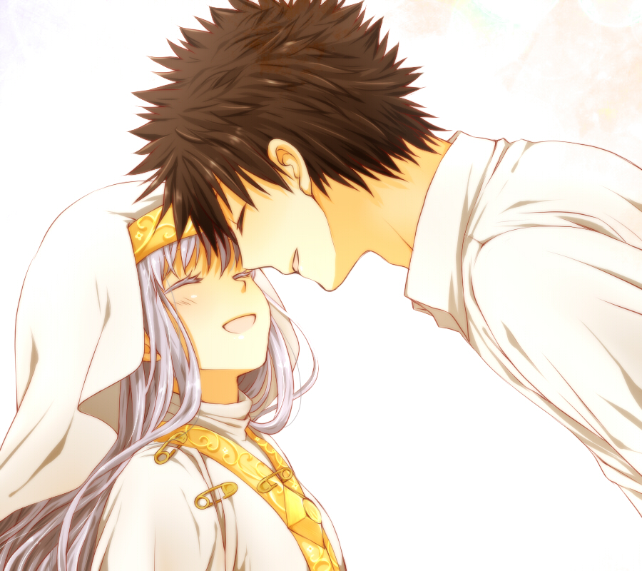 eyes_closed face-to-face forehead-to-forehead forehead_to_forehead habit index kamijou_touma long_hair robe safety_pin sani_(nmk_sunny) silver_hair smile to_aru_majutsu_no_index